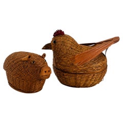 Vintage Chinese Wicker Pig and Bird Baskets, Rattan, Handwoven, 1970s