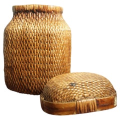 Vintage Chinese Willow Woven Fisherman Basket Asian Storage Container