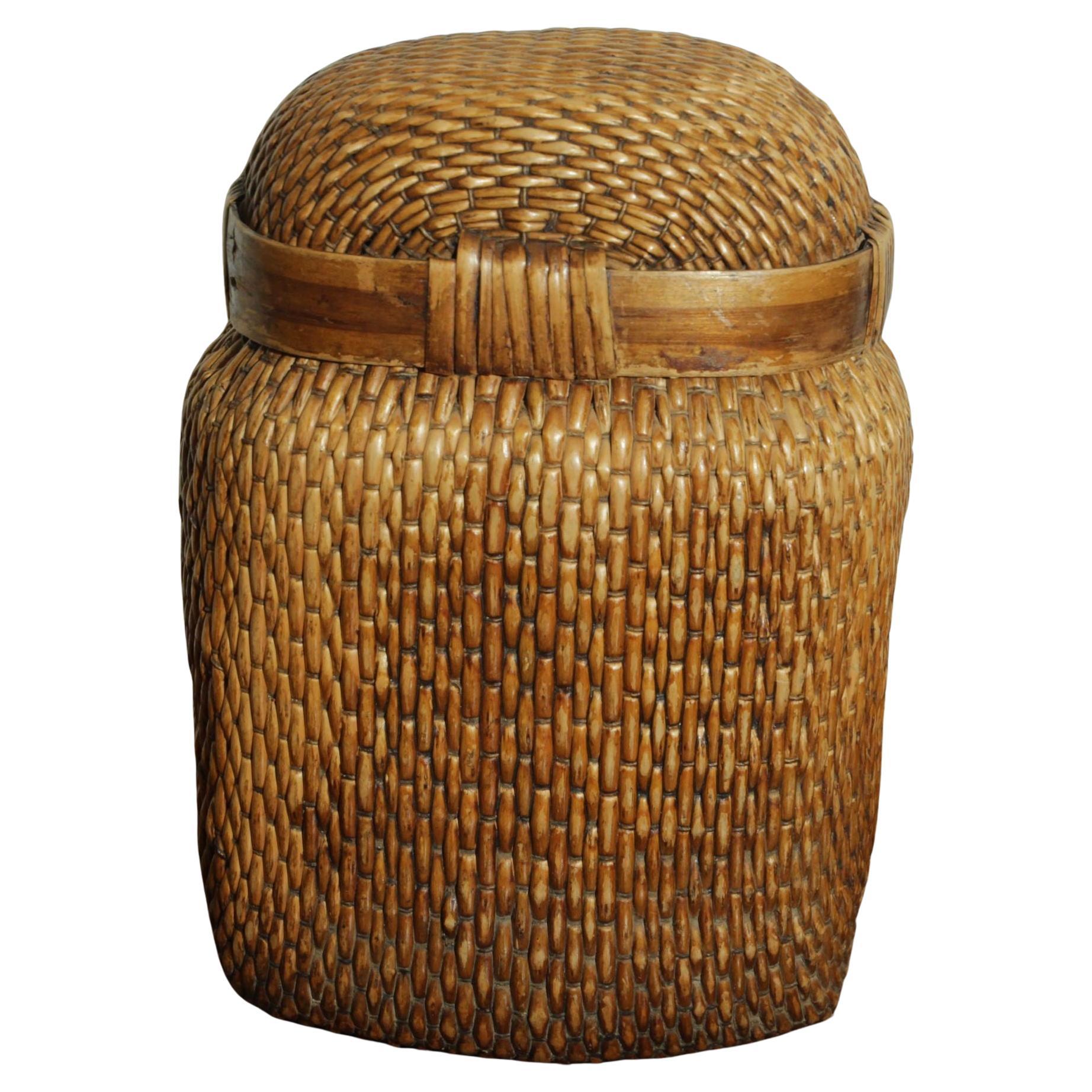 Vintage Chinese Willow Woven Fisherman Basket Asian Storage Container