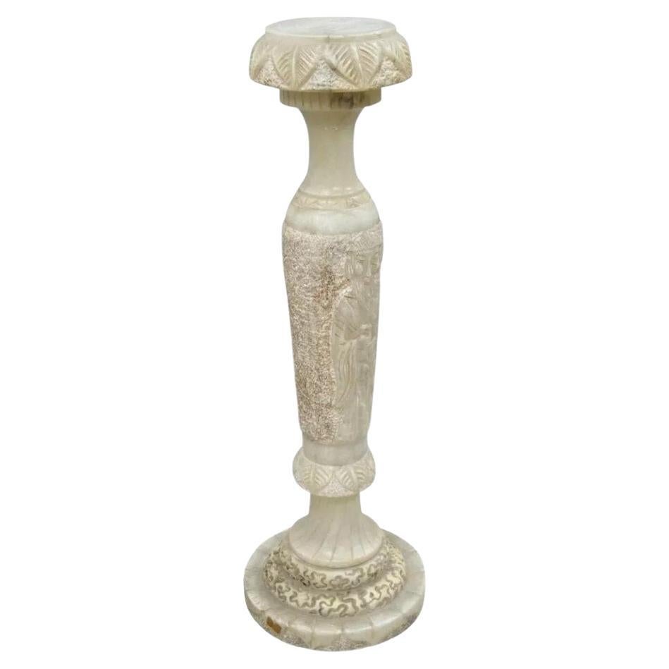 Vintage Chinese Wiseman Carved Alabaster 36" Figural Pedestal Plant Stand