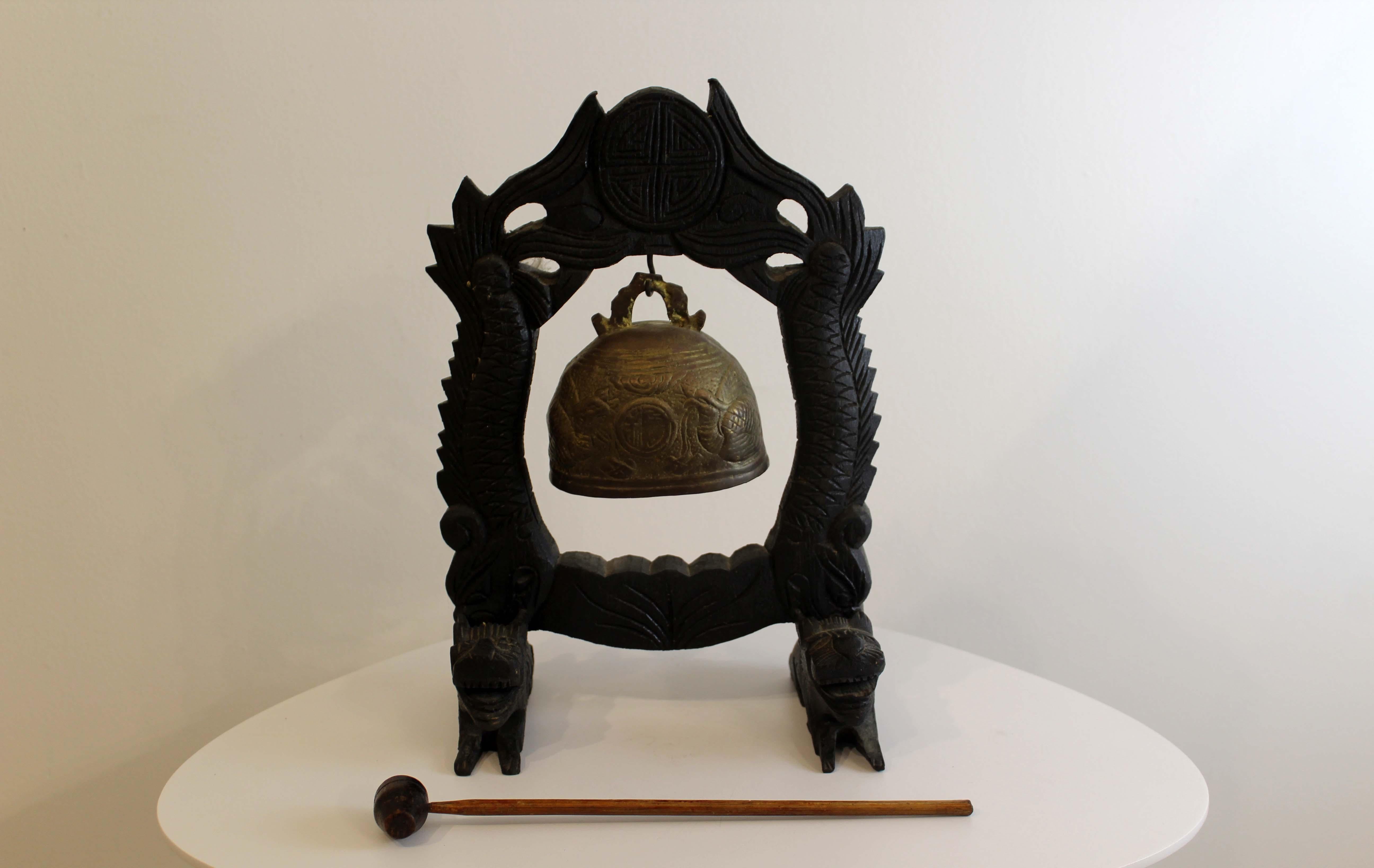 Vintage Chinese Wood and Brass Gong Bell 20th Century 1