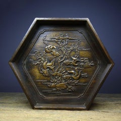 Vintage Chinese Wood Carving Auspicious Goldfishes Hexagonal Plate