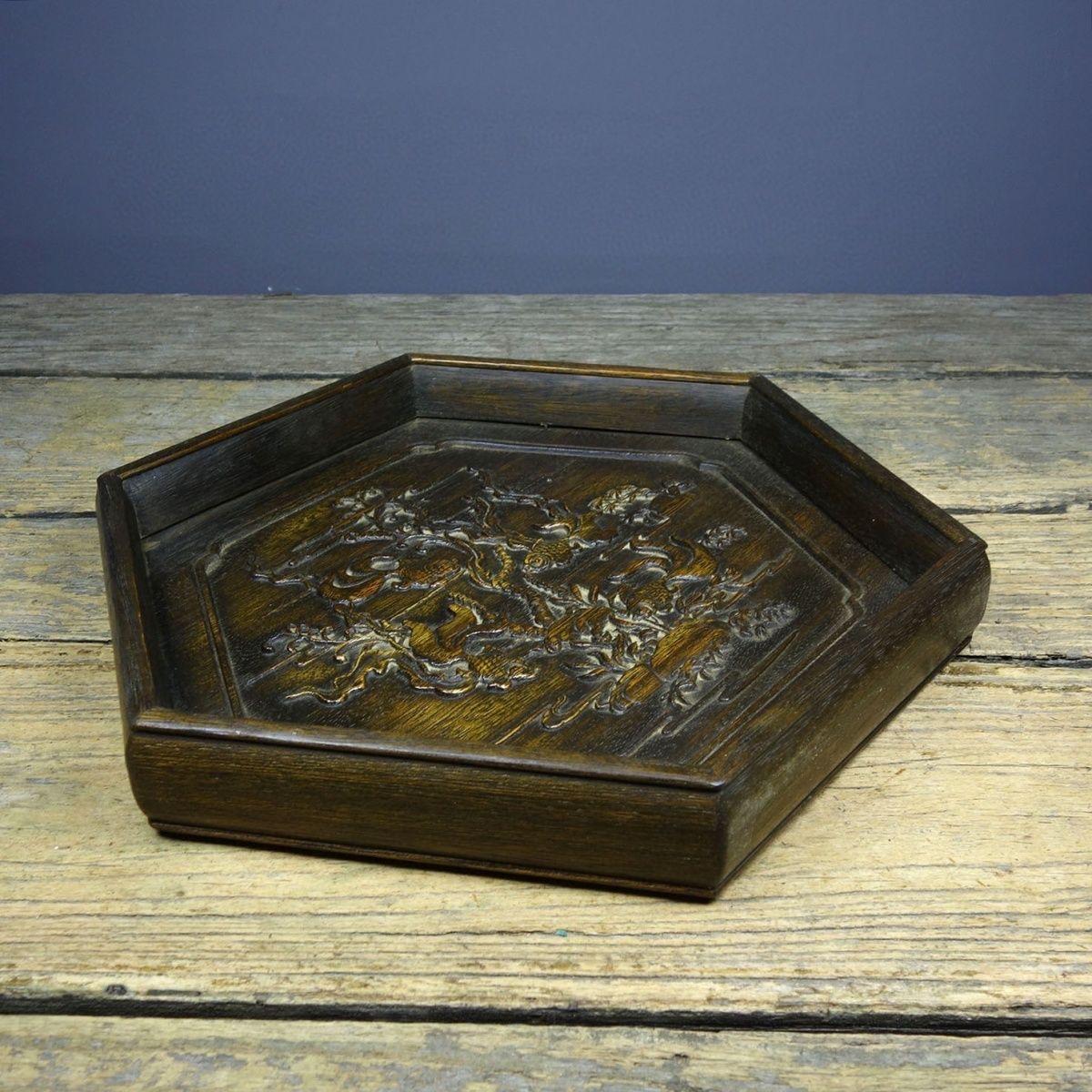 Vintage Chinese Wood Carving Auspicious Goldfische Sechseckige Platte im Angebot 2
