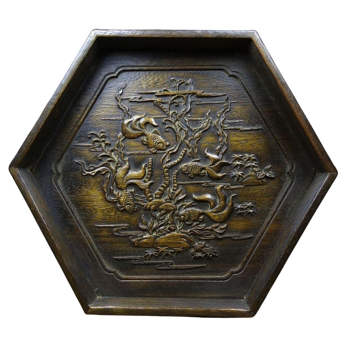 Vintage Chinese Wood Carving Auspicious Goldfische Sechseckige Platte im Angebot