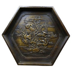 Vintage Chinese Wood Carving Auspicious Goldfische Sechseckige Platte
