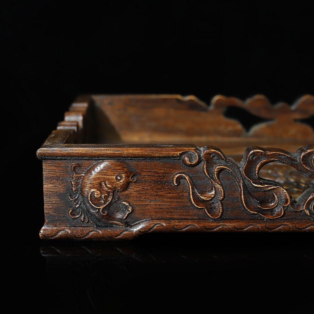Vintage Chinese Wood Carving Auspicious Square Plate im Angebot 3