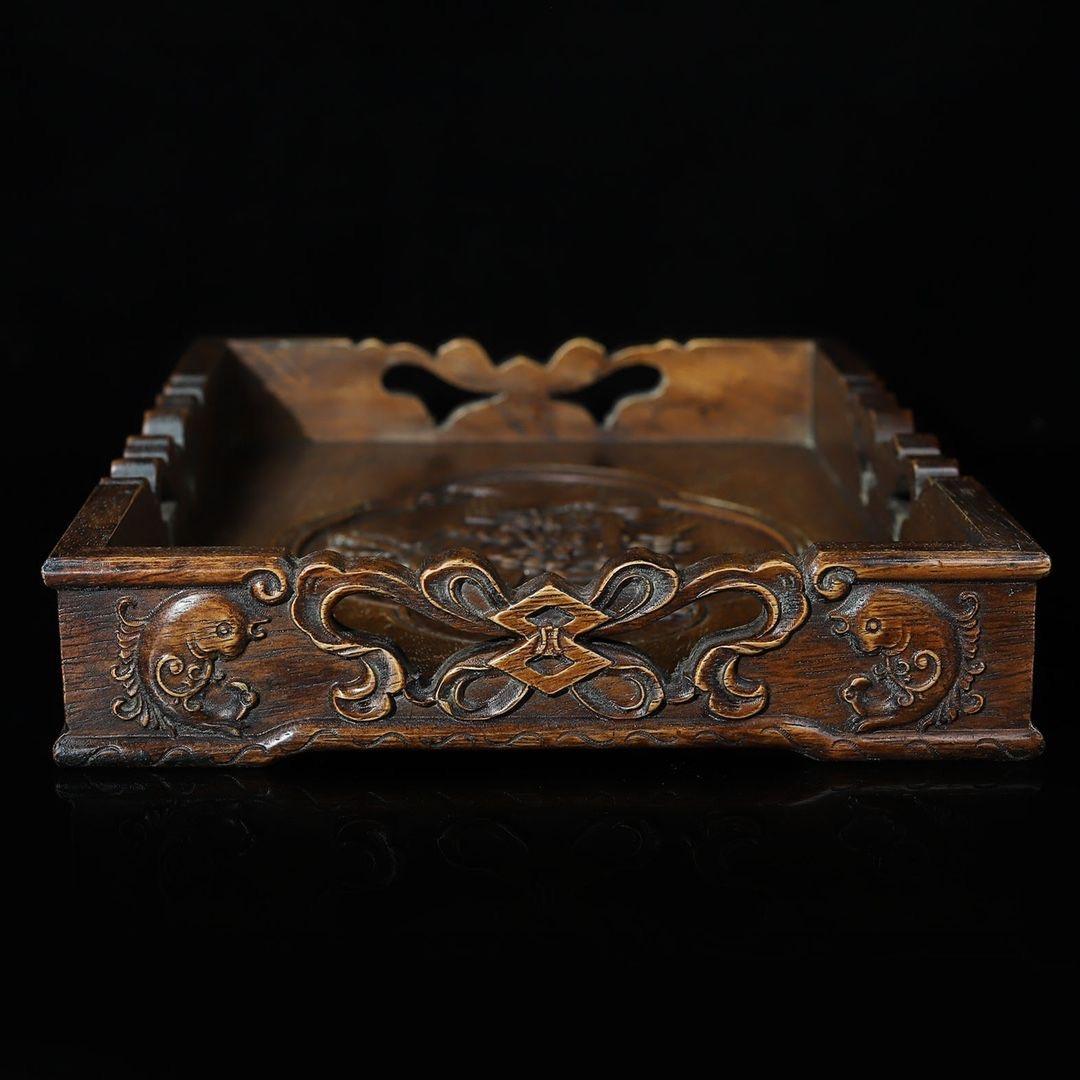 Vintage Chinese Wood Carving Auspicious Square Plate im Angebot 4