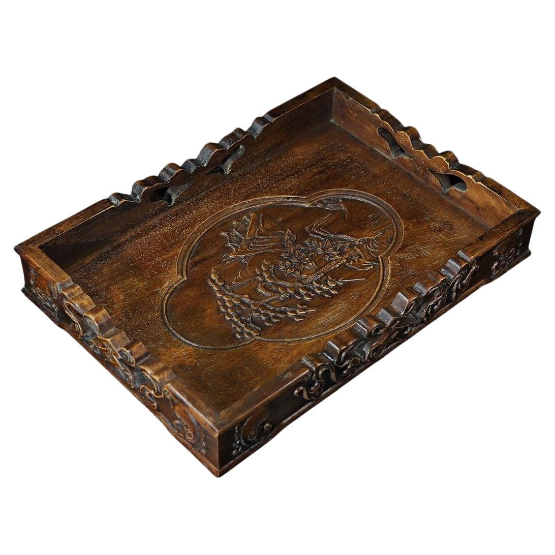 Vintage Chinese Wood Carving Auspicious Square Plate im Angebot