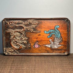 Vintage Chinese Wood Carving Dragon Square Plate with Shell Inlaying Phoenix