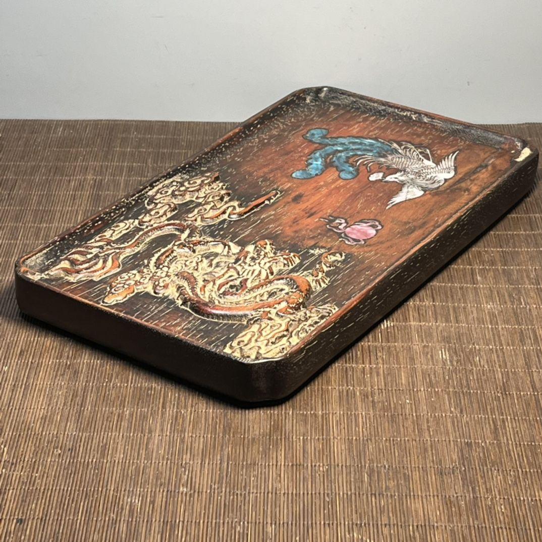 Vintage Chinese Wood Carving Dragon Square Teller mit Shell Inlaying Phoenix (Muschel) im Angebot
