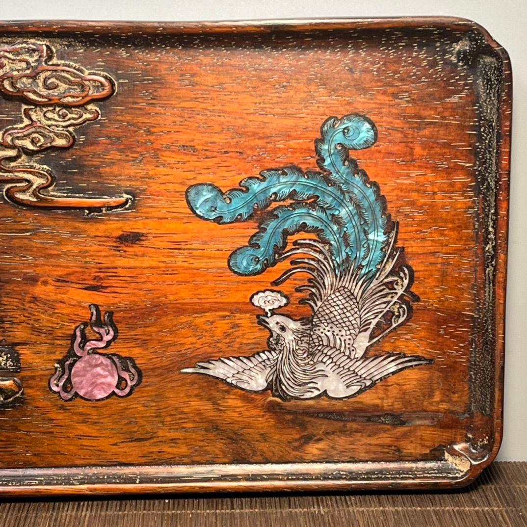 Vintage Chinese Wood Carving Dragon Square Teller mit Shell Inlaying Phoenix im Angebot 3