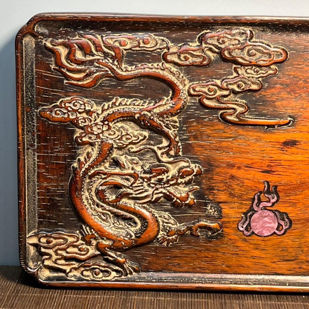 Vintage Chinese Wood Carving Dragon Square Teller mit Shell Inlaying Phoenix im Angebot 4