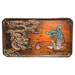Vintage Chinese Wood Carving Dragon Square Plate with Shell Inlaying Phoenix