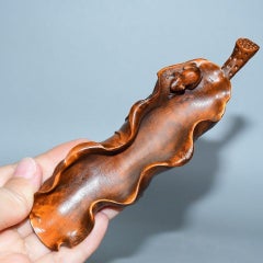 Vintage Chinese Wood Carving Frog Lotus Leaf Spoon