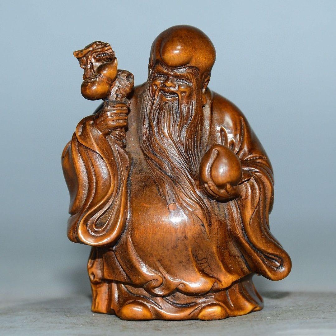 Vintage Chinese Wood Carving Langlebigkeit Gott Statue im Zustand „Relativ gut“ im Angebot in 景德镇市, CN