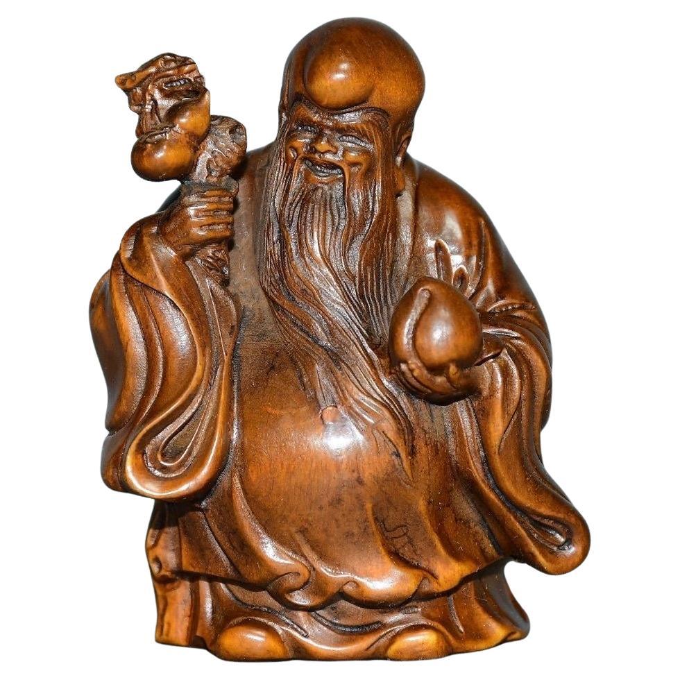 Vintage Chinese Wood Carving Langlebigkeit Gott Statue im Angebot