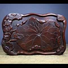 Vintage Chinese Wood Carving Lotus Flowers Square Plate
