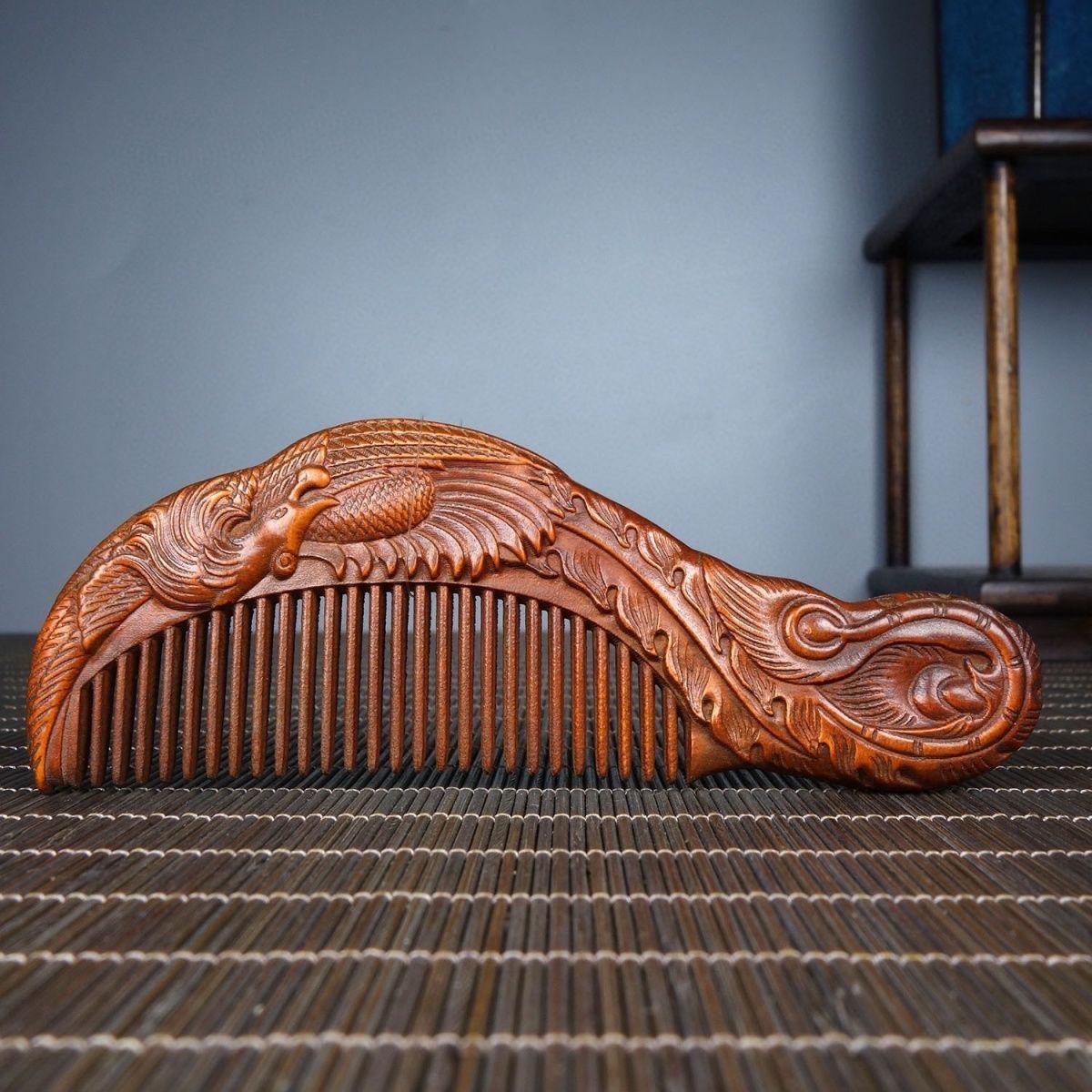 Vintage Chinese Wood Carving Phoenix Kamm (Holz) im Angebot