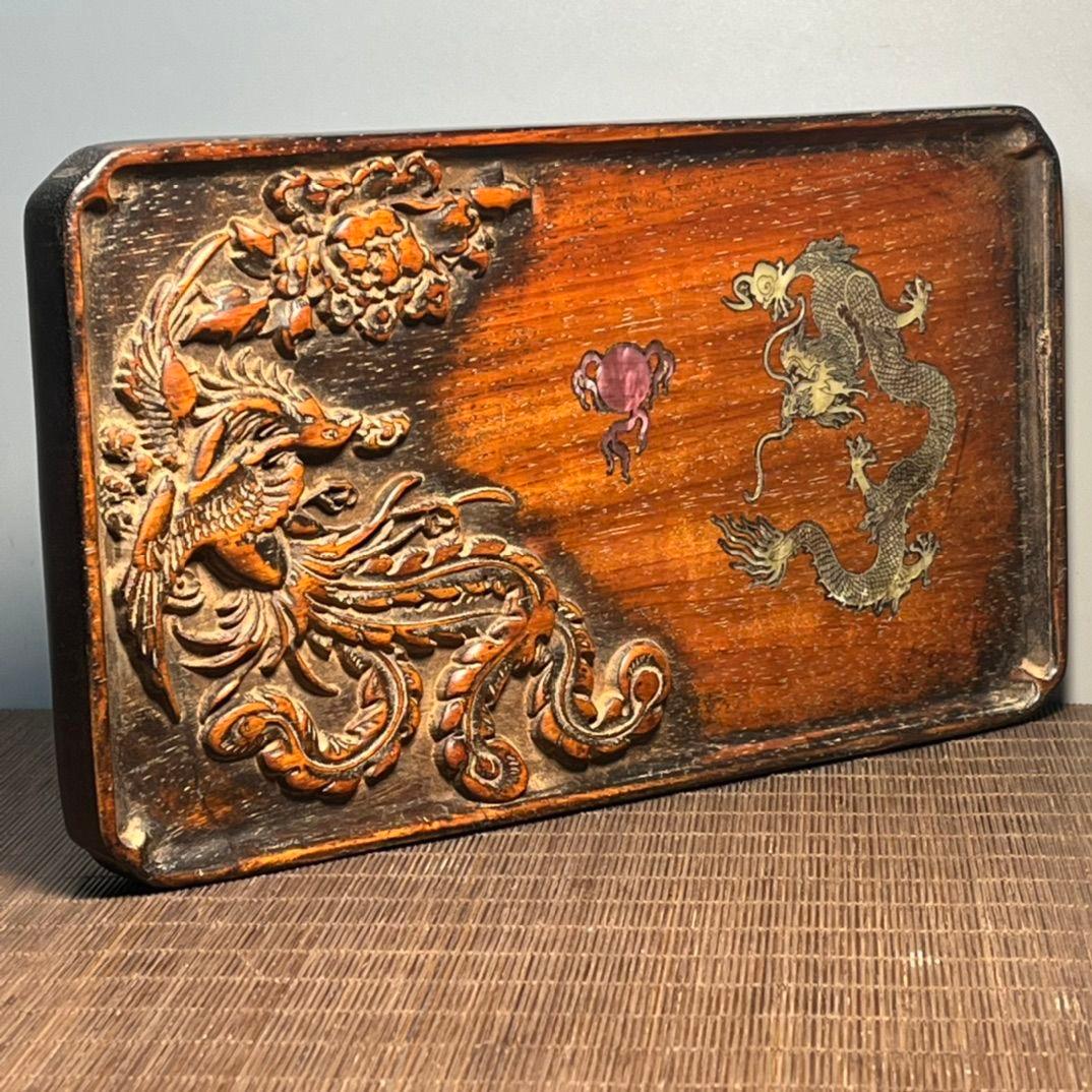 Vintage Chinesisch Holzschnitzerei Phönix Quadratische Platte mit Muschel Inlaying Drache im Zustand „Relativ gut“ im Angebot in 景德镇市, CN