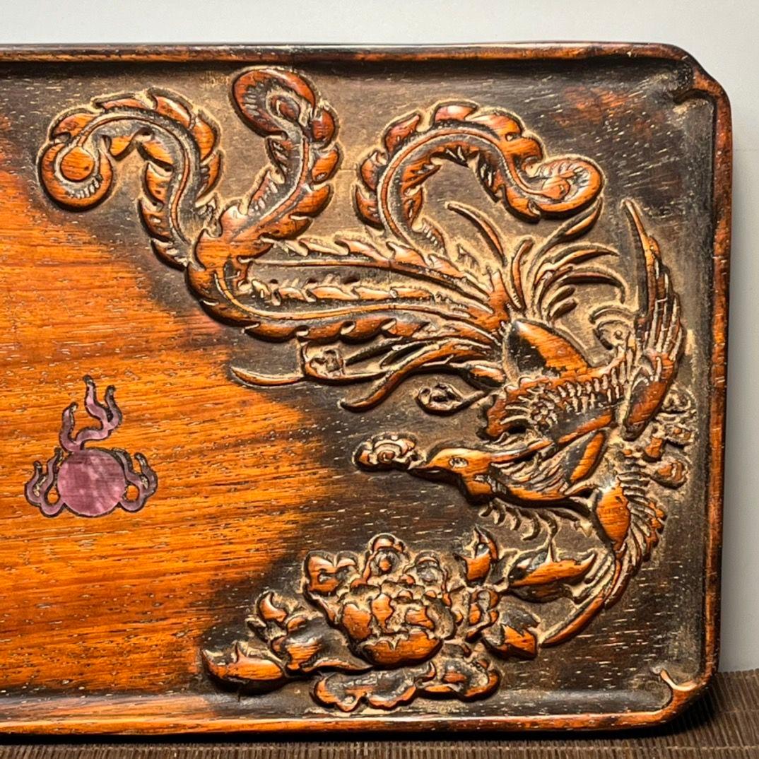 Vintage Chinesisch Holzschnitzerei Phönix Quadratische Platte mit Muschel Inlaying Drache im Angebot 4