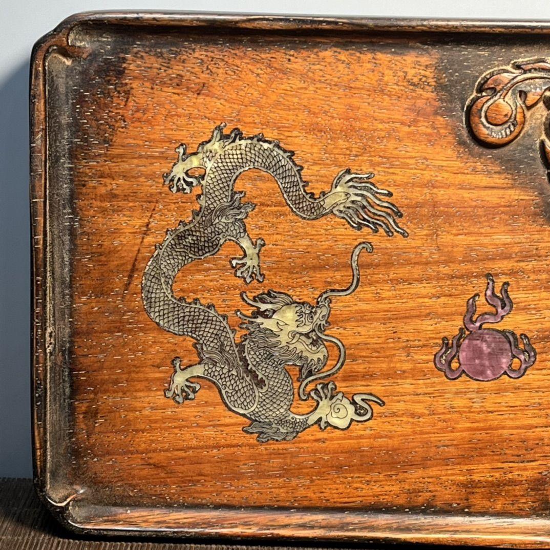 Vintage Chinesisch Holzschnitzerei Phönix Quadratische Platte mit Muschel Inlaying Drache im Angebot 5