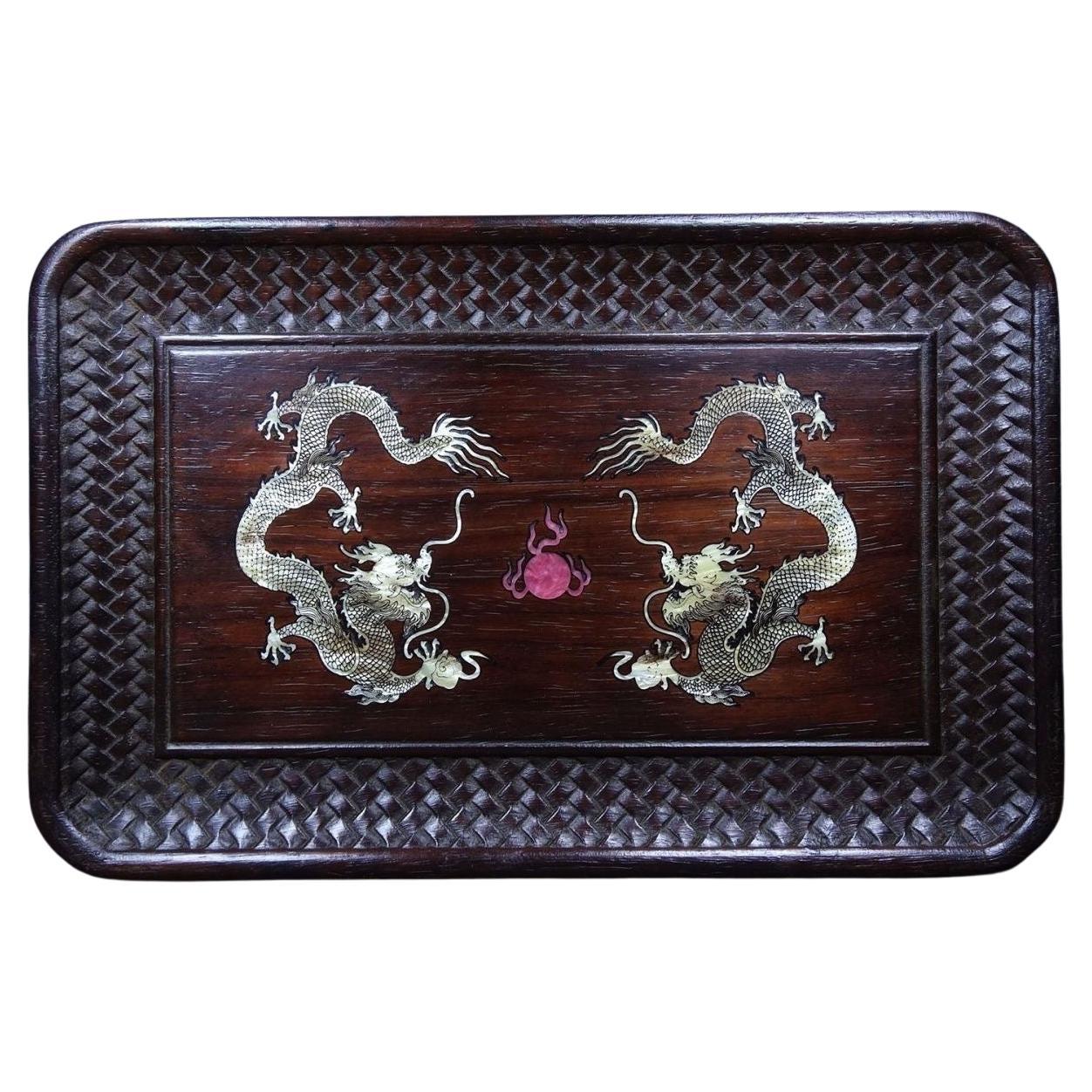 Vintage Chinese Wood Engraving Plate with Double Shell Dragons Decorations