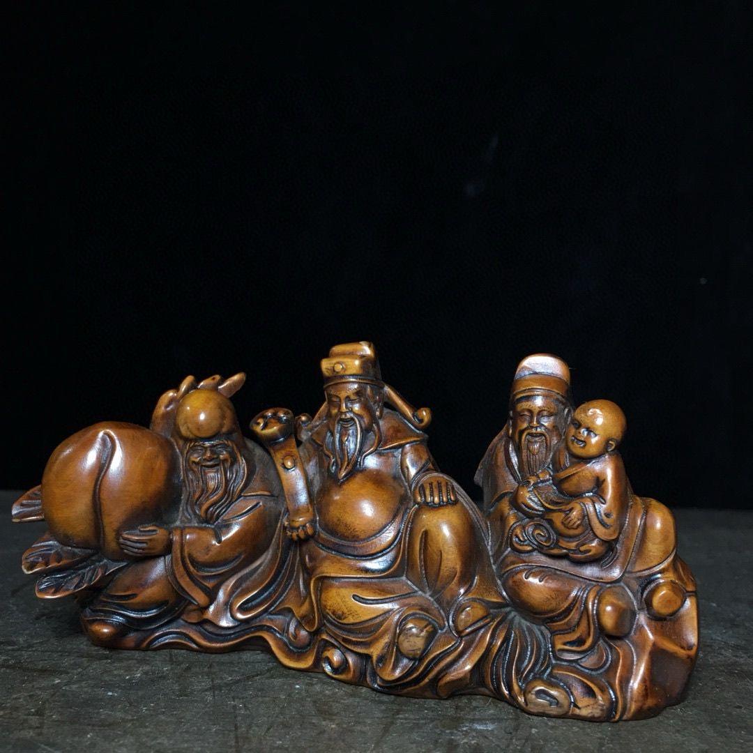 Escultura china vintage grabada en madera de tres dioses auspiciosos en Bastante bueno estado para la venta en 景德镇市, CN