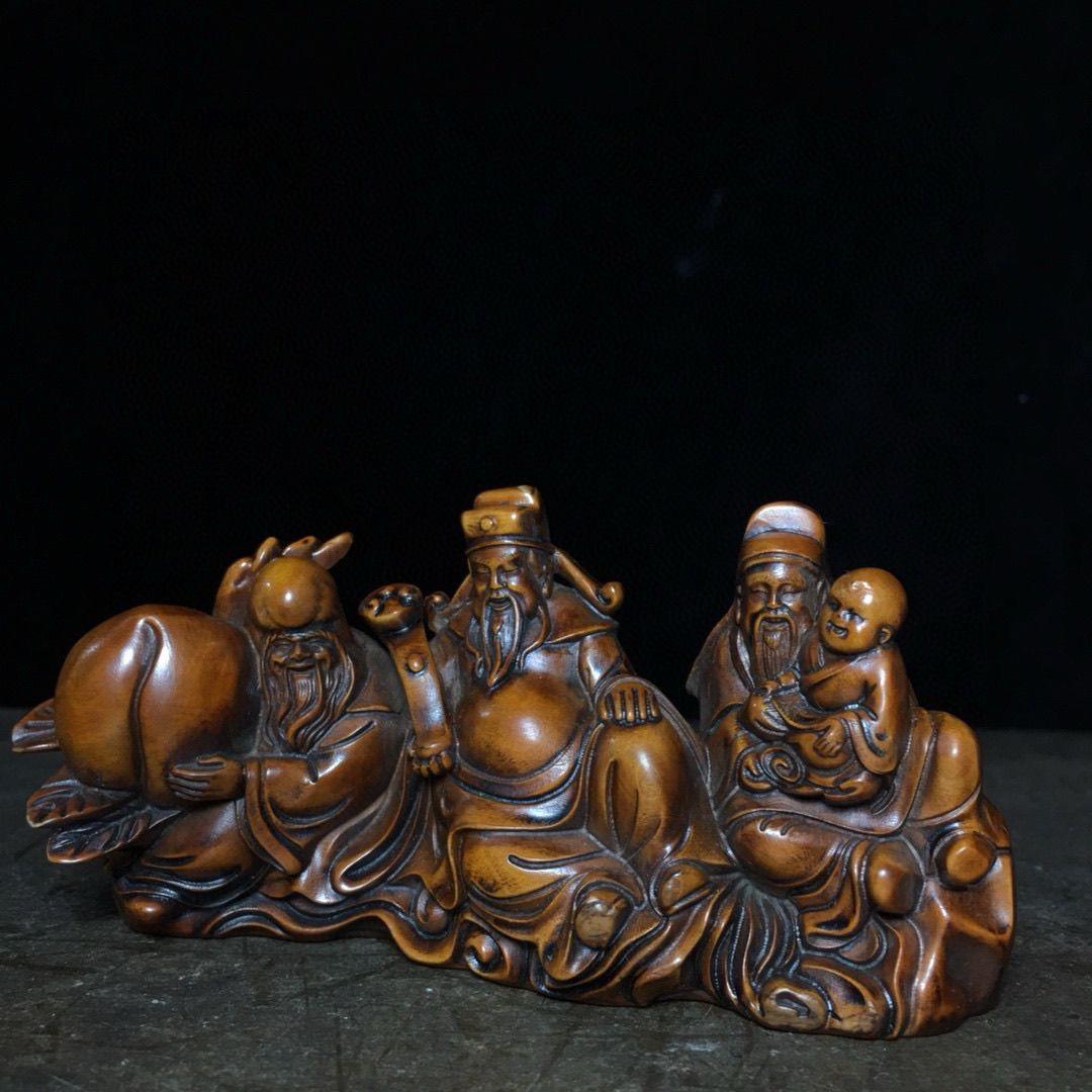 Escultura china vintage grabada en madera de tres dioses auspiciosos siglo XIX en venta