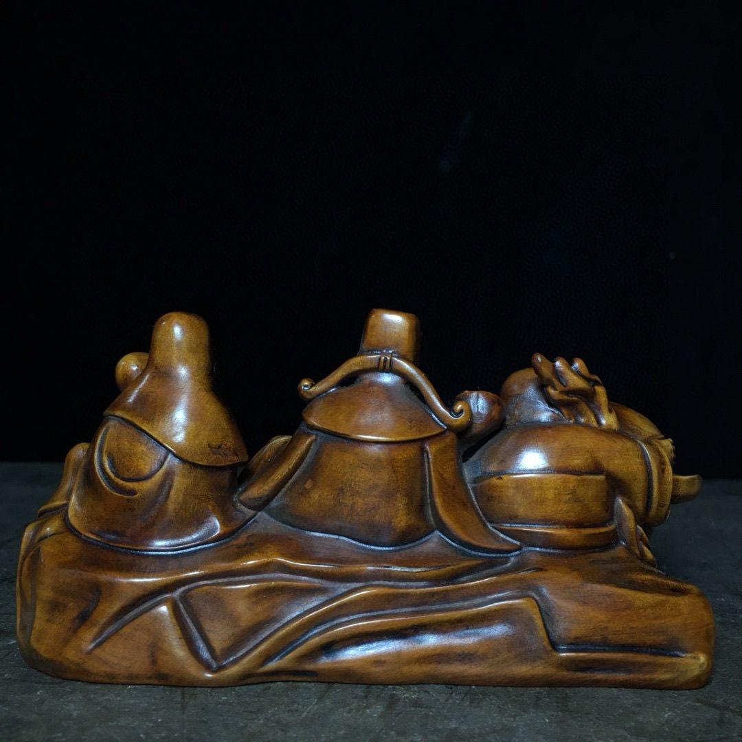 Escultura china vintage grabada en madera de tres dioses auspiciosos Madera en venta