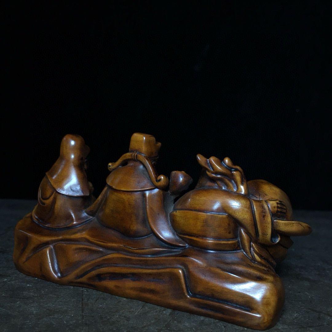 Escultura china vintage grabada en madera de tres dioses auspiciosos en venta 1