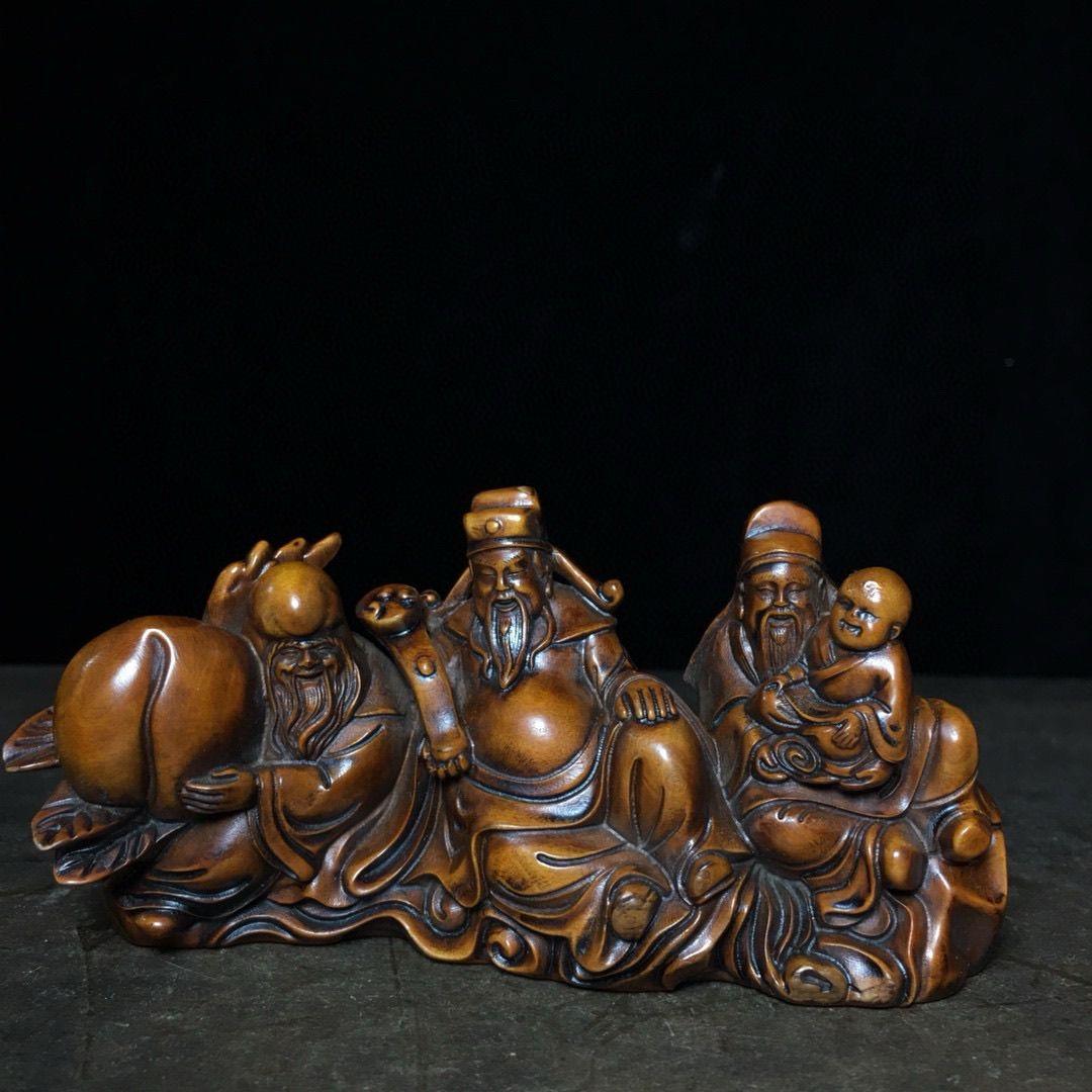 Escultura china vintage grabada en madera de tres dioses auspiciosos en venta 2