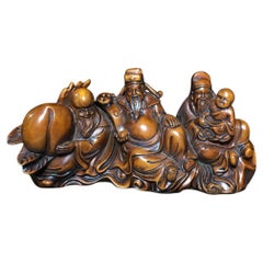 Escultura china vintage grabada en madera de tres dioses auspiciosos