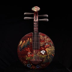 Vintage Chinese Wood Lacquer Longevity Patterns Musical Instrument Yue Qin