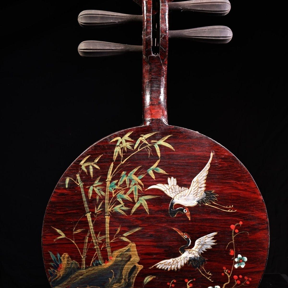Vintage Chinese Wood Lacquer Longevity Patterns Musikinstrument Yue Qin (20. Jahrhundert) im Angebot