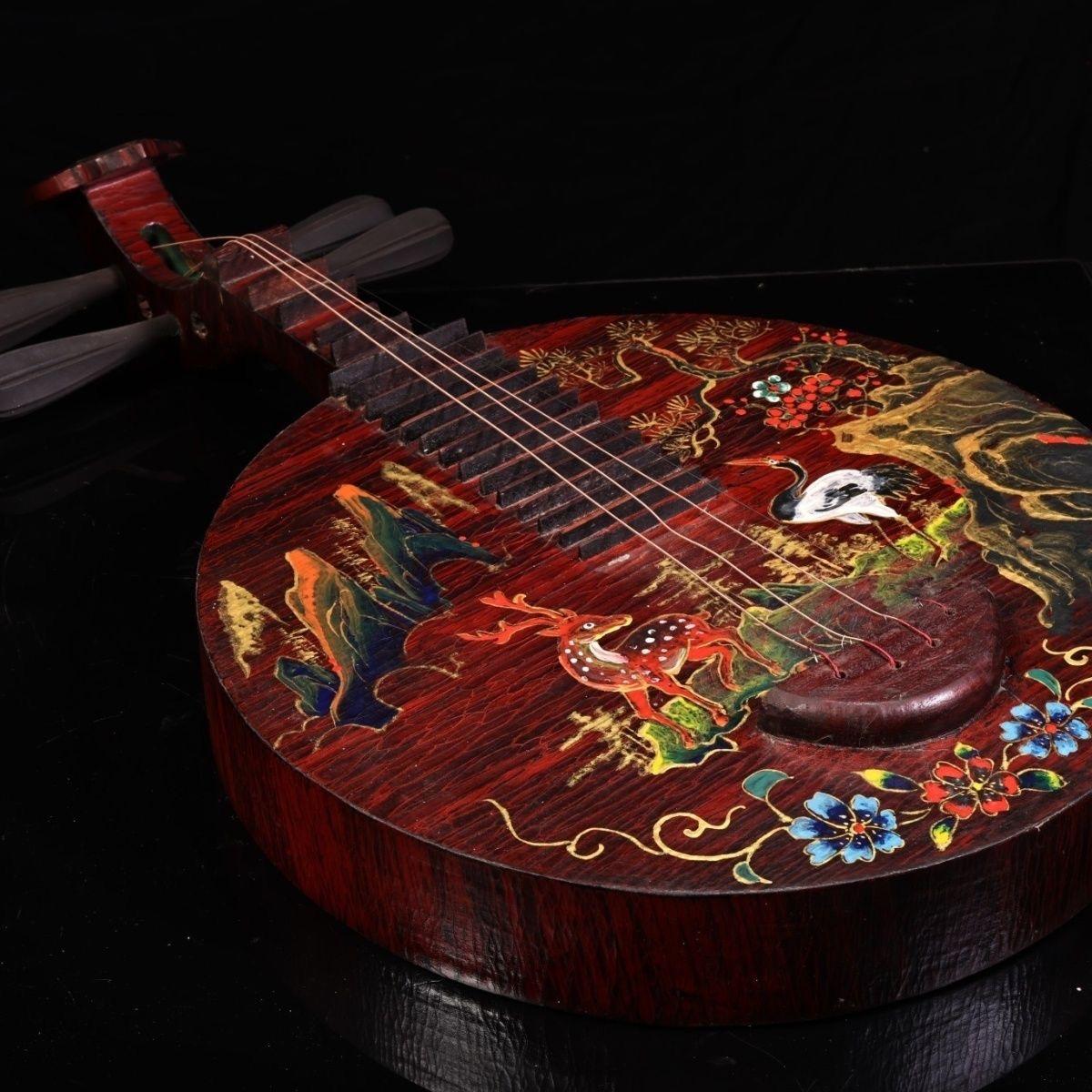 Vintage Chinese Wood Lacquer Longevity Patterns Musikinstrument Yue Qin im Angebot 2