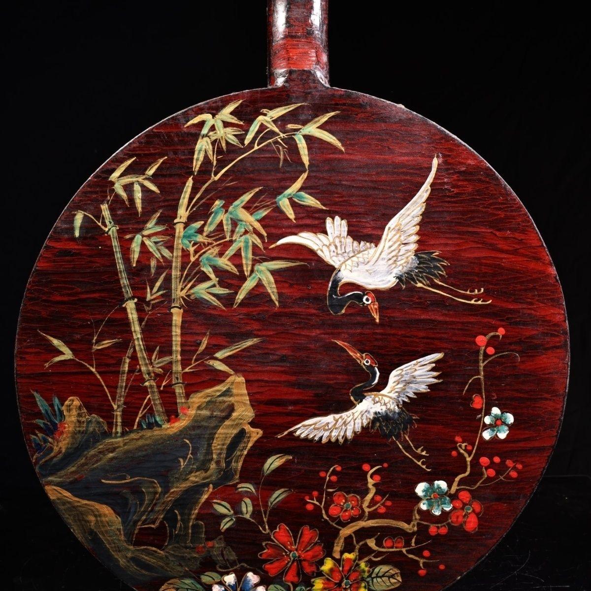 Vintage Chinese Wood Lacquer Longevity Patterns Musikinstrument Yue Qin im Angebot 3
