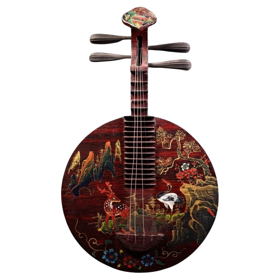 Vintage Chinese Wood Lacquer Longevity Patterns Musikinstrument Yue Qin im Angebot