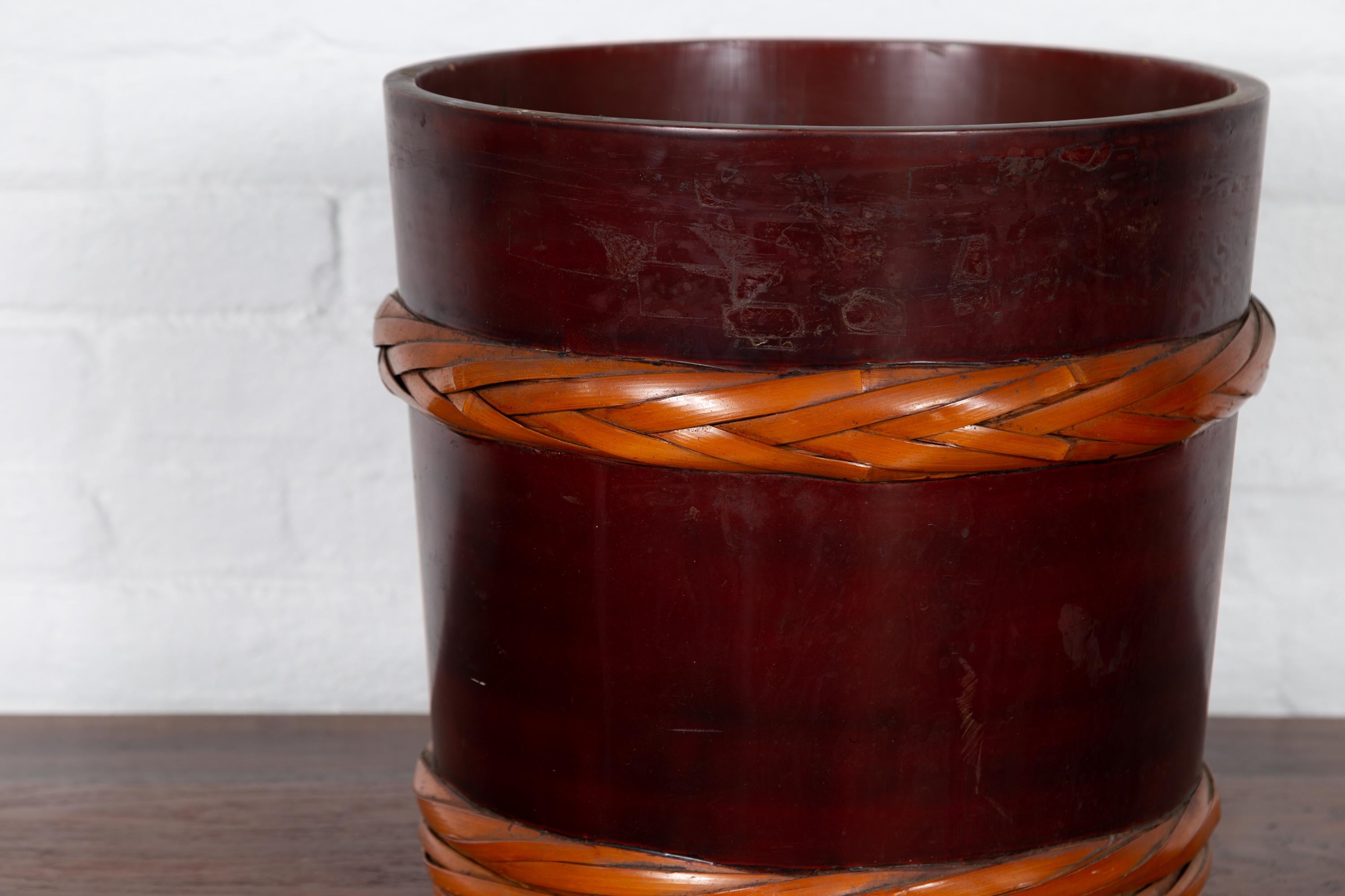 Vintage Chinese Wooden Barrel Planter with Rope Design with Red Undertone In Good Condition In Yonkers, NY