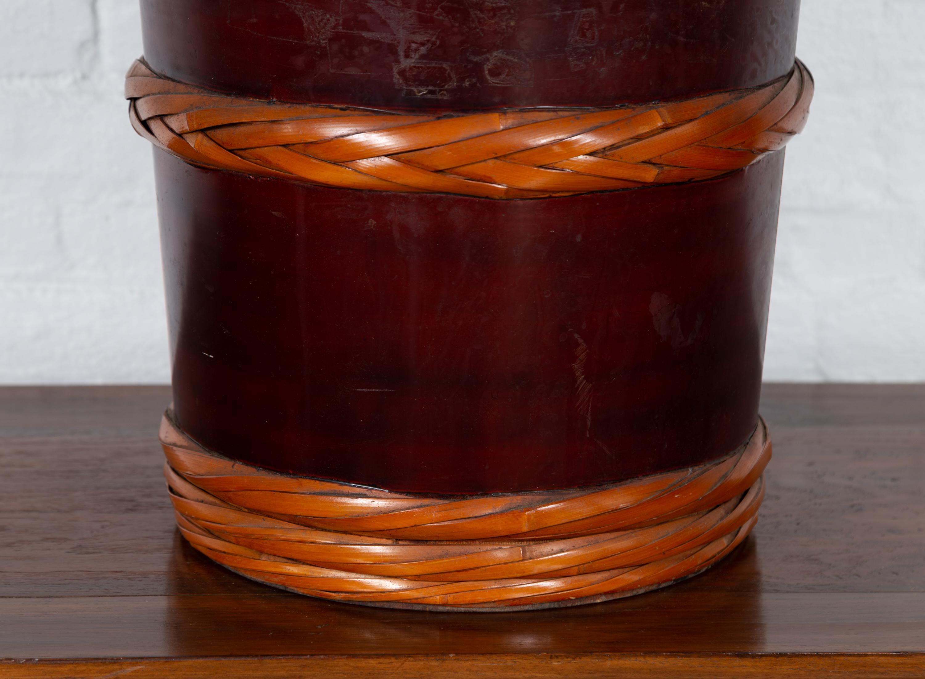 20th Century Vintage Chinese Wooden Barrel Planter with Rope Design with Red Undertone