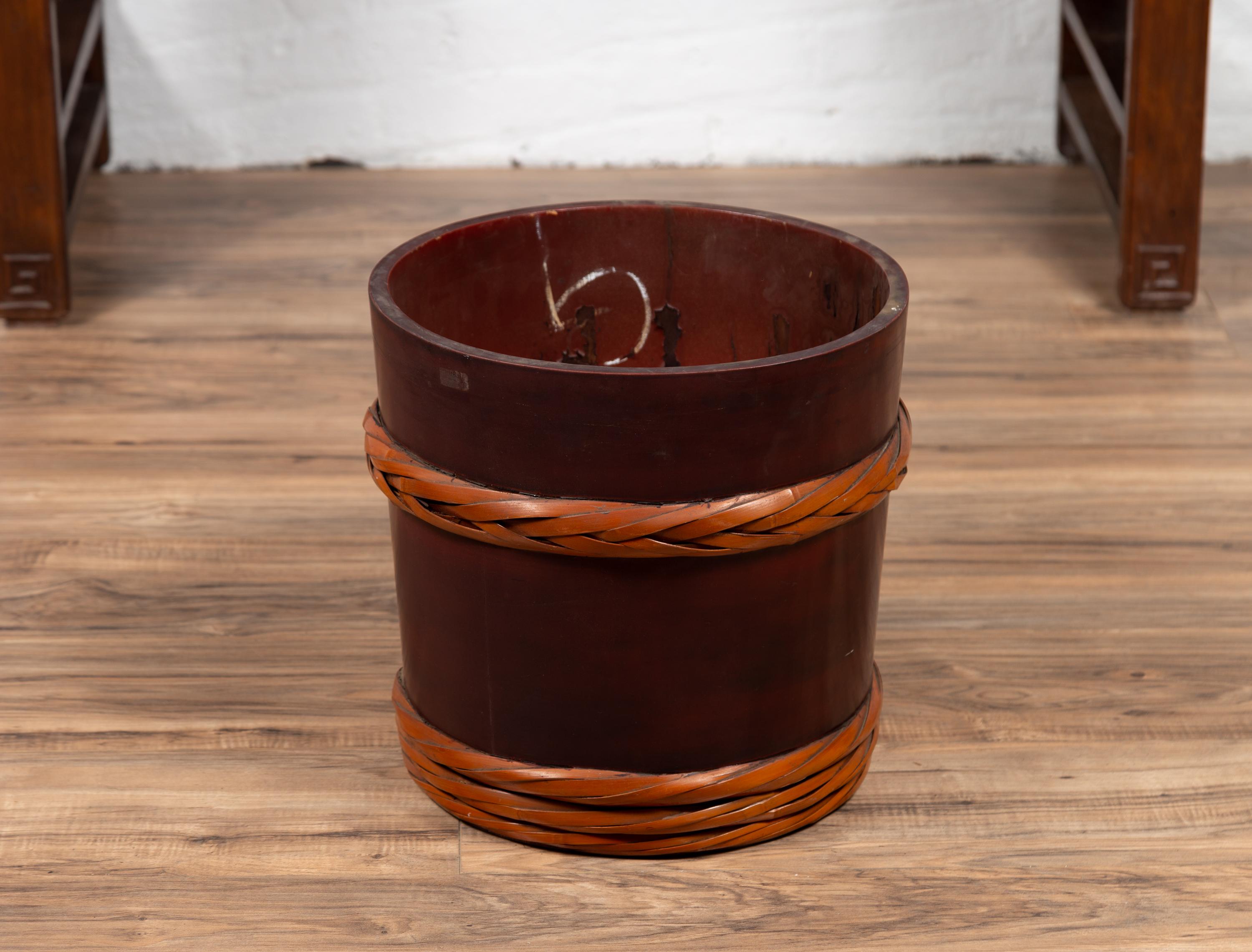 Vintage Chinese Wooden Barrel Planter with Rope Design with Red Undertone 1