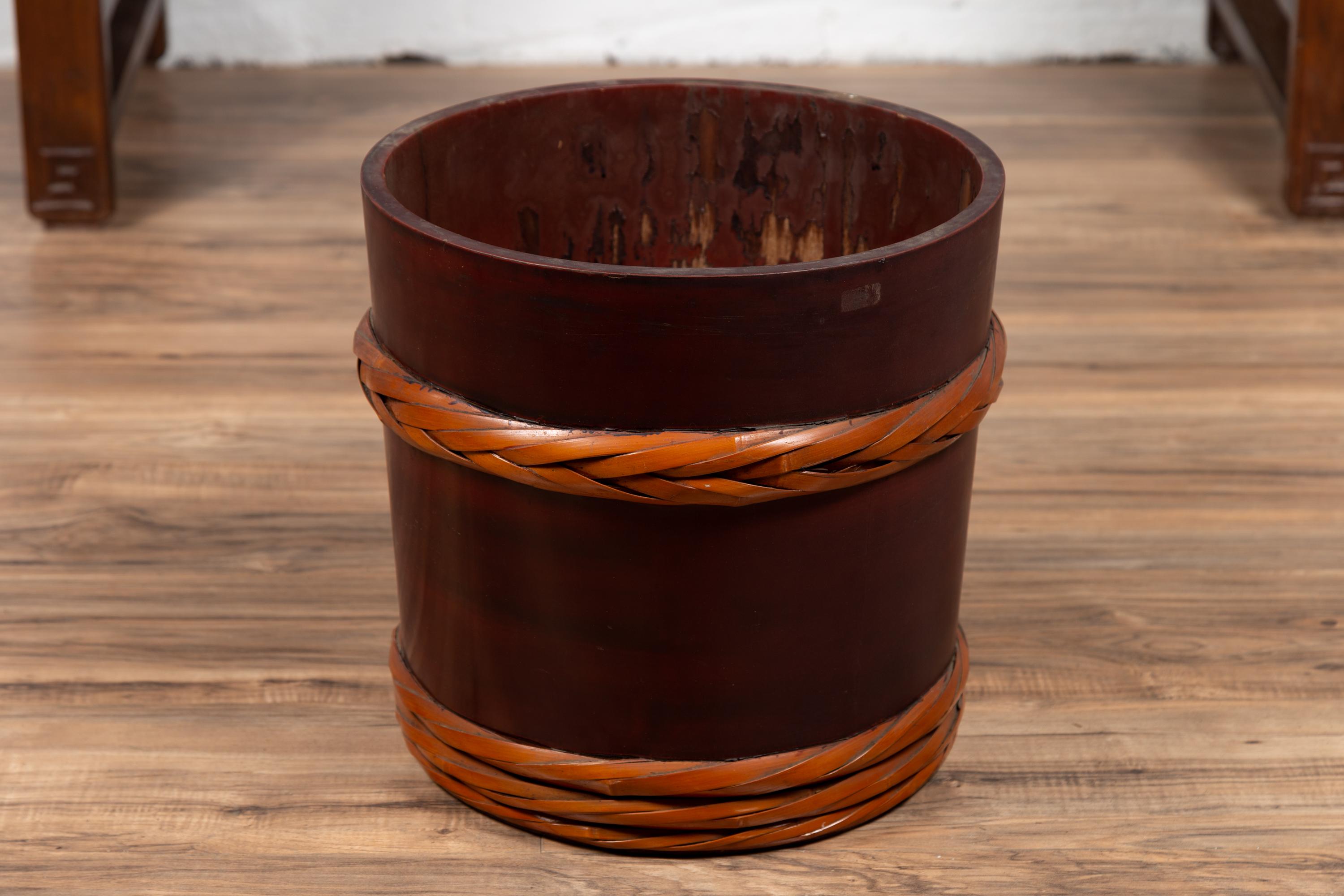 Vintage Chinese Wooden Barrel Planter with Rope Design with Red Undertone 2