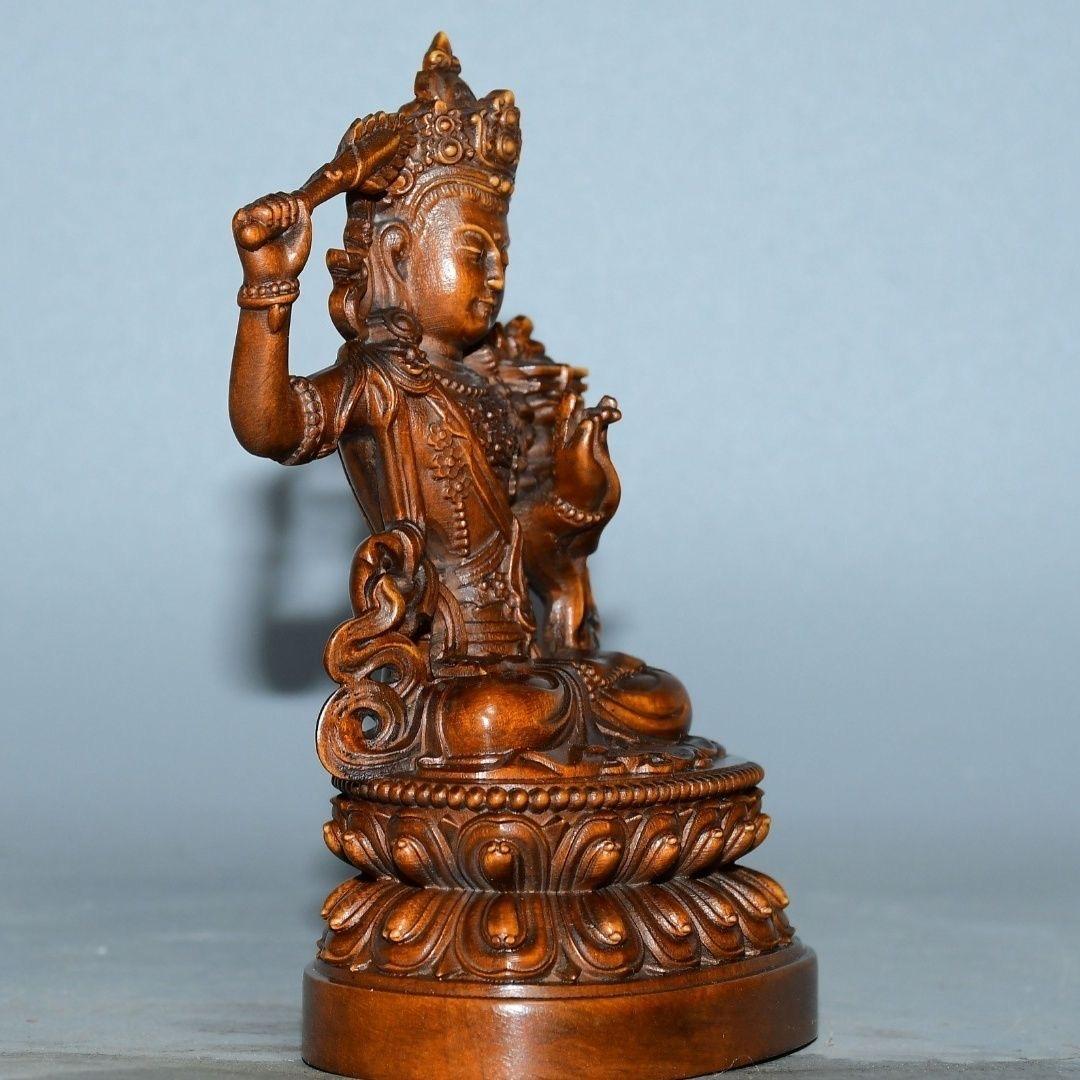 Vintage Chinese Wooden Carved Statue of Manjushri Bodhisattva For Sale 1