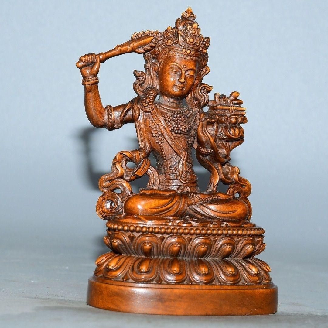 Vintage Chinese Wooden Carved Statue of Manjushri Bodhisattva For Sale 2