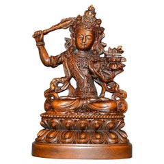 Statue chinoise sculptée en bois de Manjushri Bodhisattva