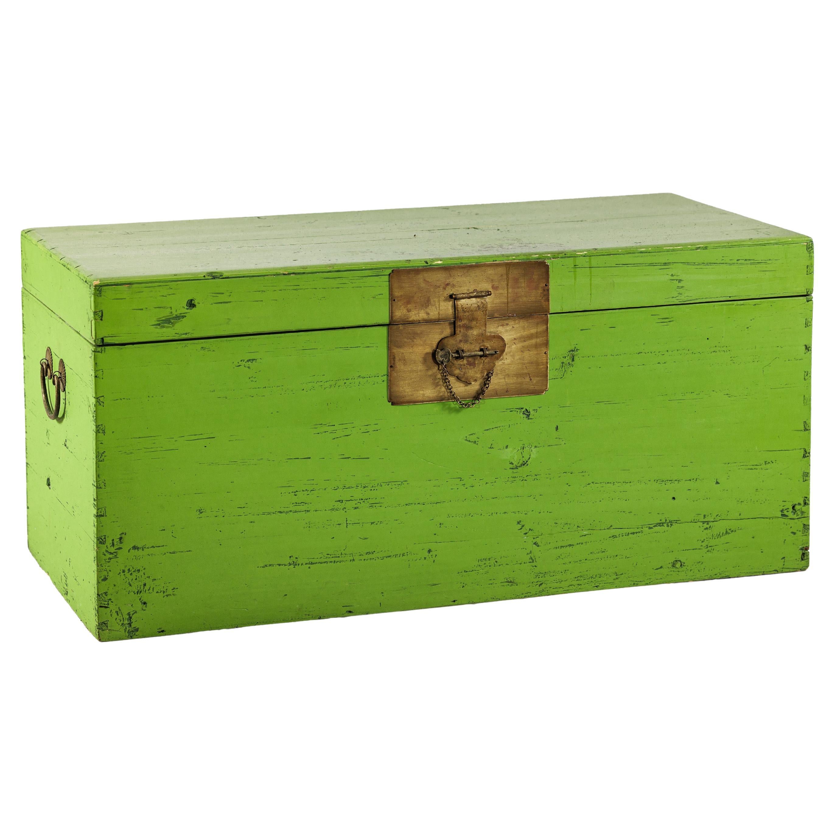 Vintage Chinese Wooden Trunk with Bright Green Finish and Brass Hardware For Sale