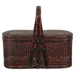 Vintage Chinese Woven Bamboo Wicker Rattan Lidded Handled Picnic Basket