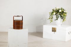 Vintage Chinese Woven Food Box with Painted Wood Bands, Double-Handled Carrying