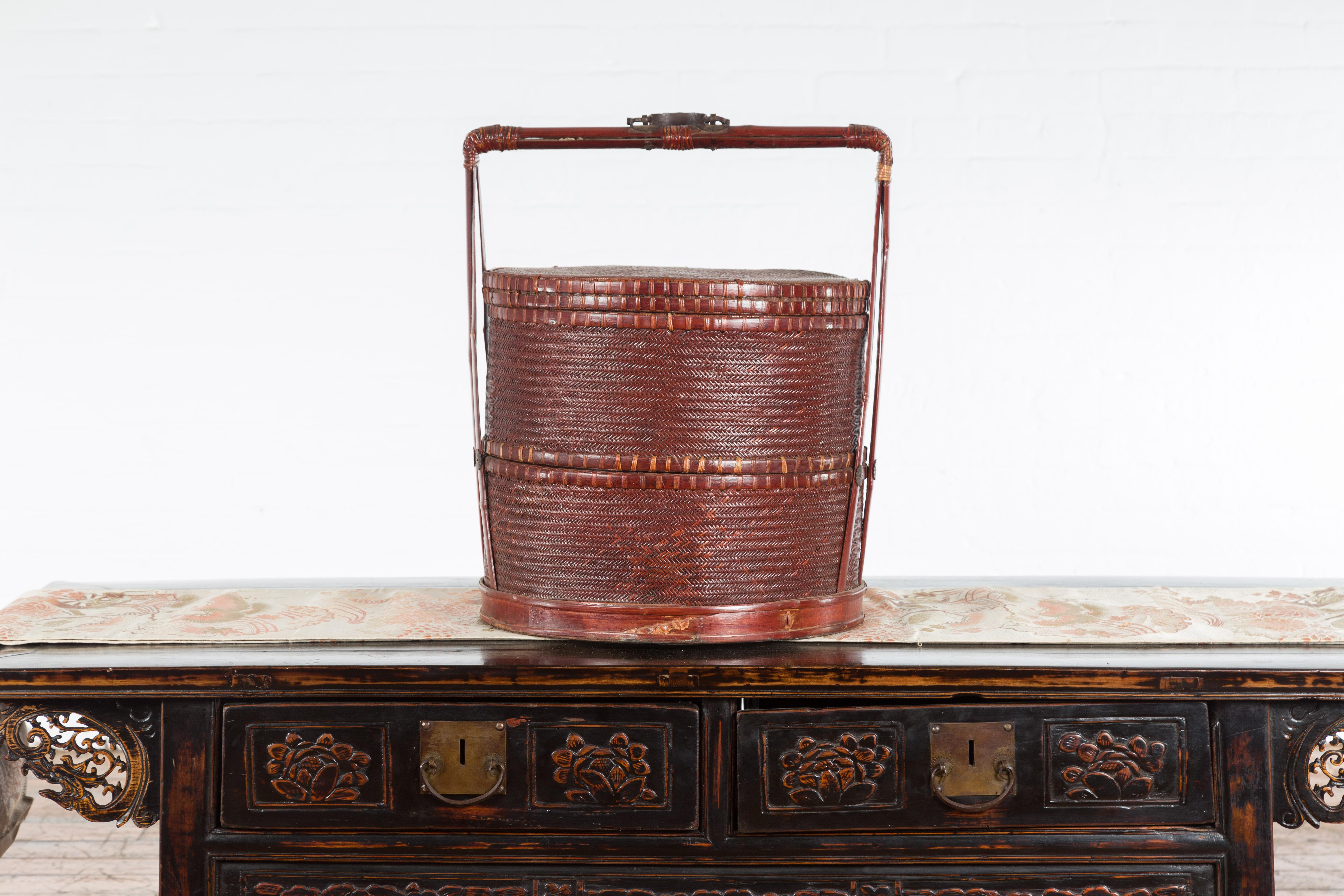 Vintage Chinese Woven Rattan and Bamboo Carrying Basket with Handle 4