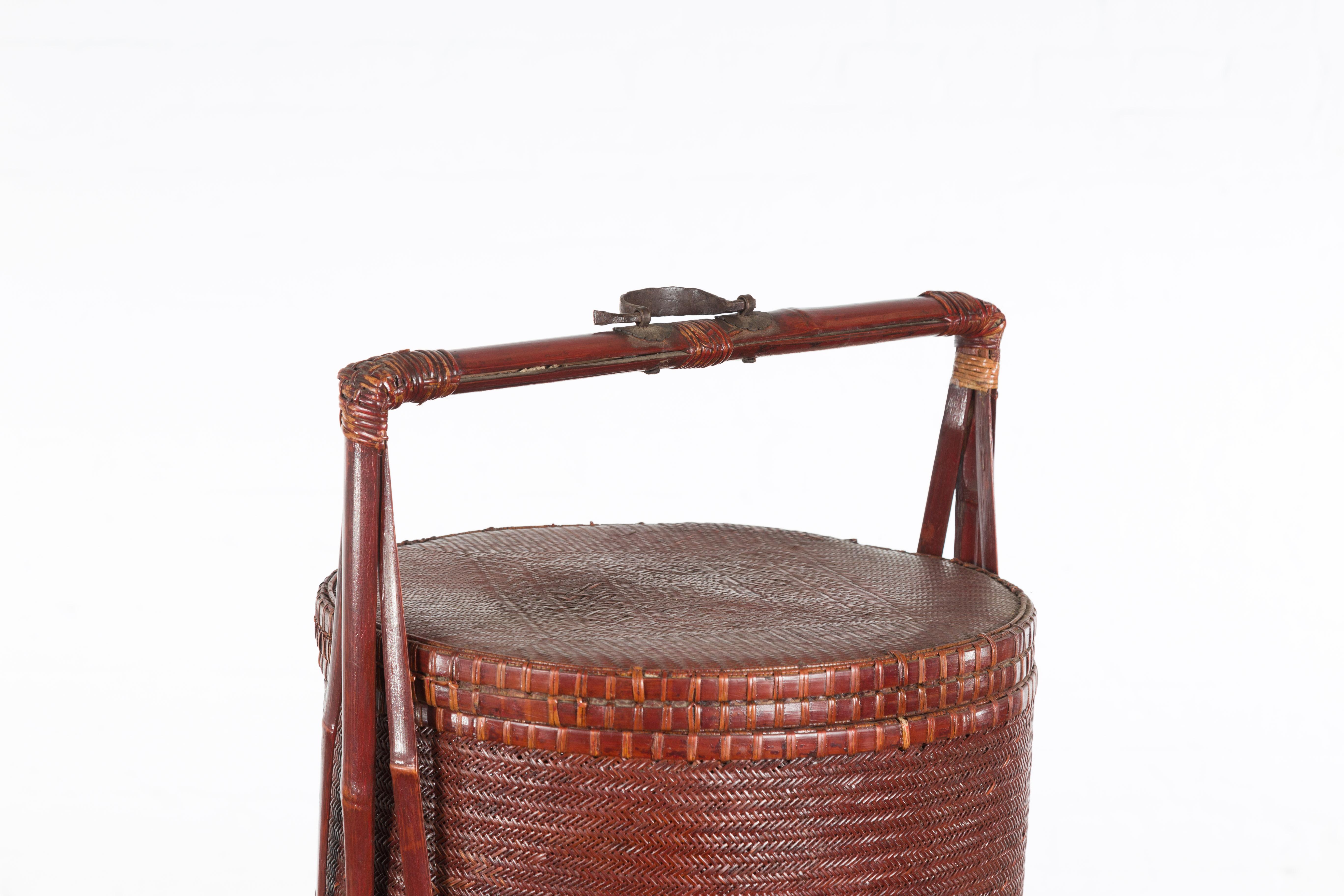 Vintage Chinese Woven Rattan and Bamboo Carrying Basket with Handle 5