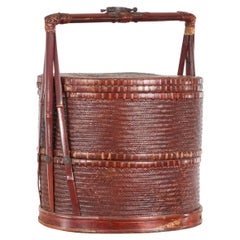 Vintage Chinese Woven Rattan and Bamboo Carrying Basket with Handle